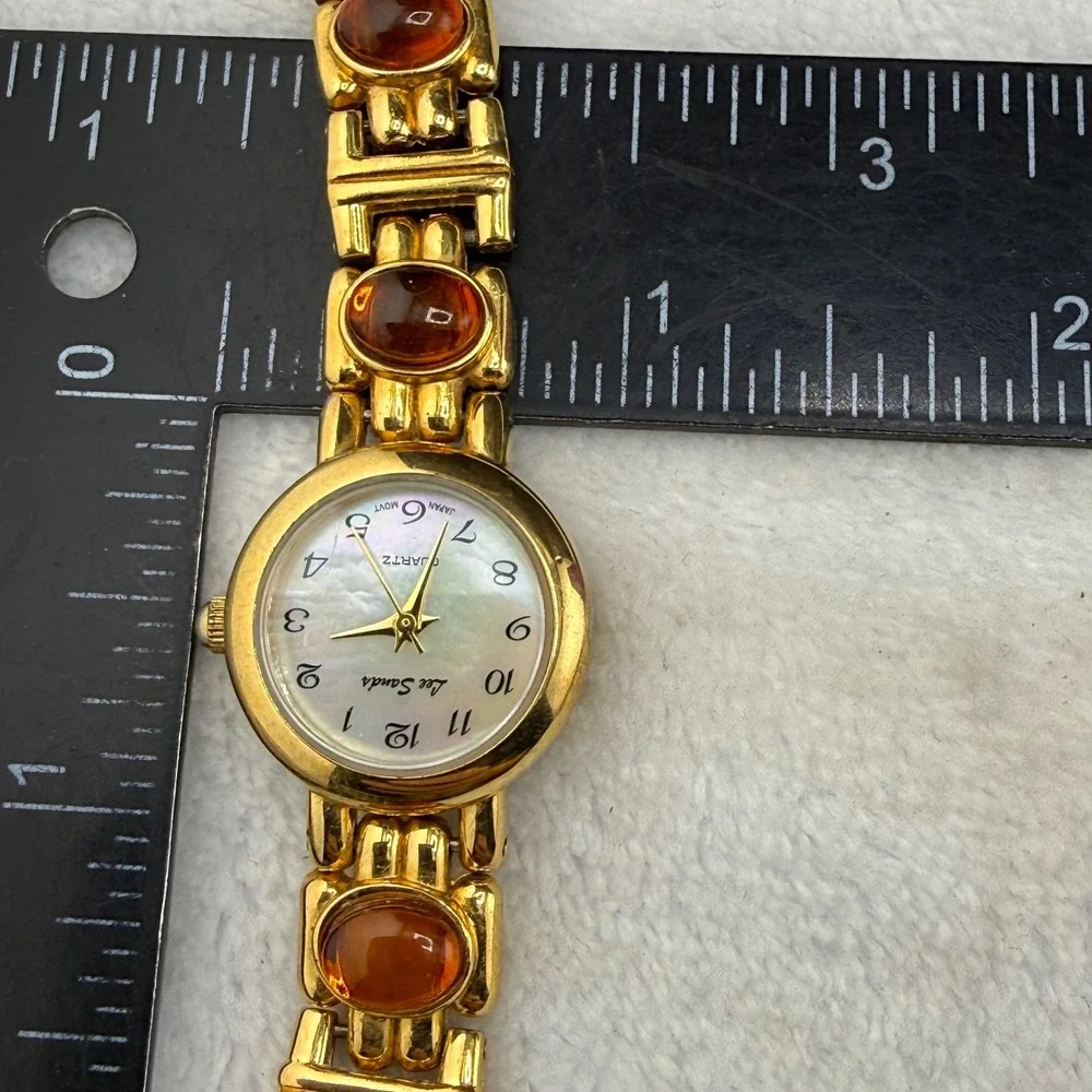 Vintage Lee Sands Watch Gold Tone Mother of Pearl Cabochon Link Bracelet READ